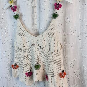Rebellion Again Crochet Butterfly Tank Top Cream Cotton Boho Festival Size S